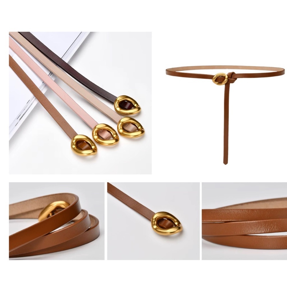 Elegant Skinny  Leather Belt with Gold Accent in Dark Brown, White, Khaki, Black